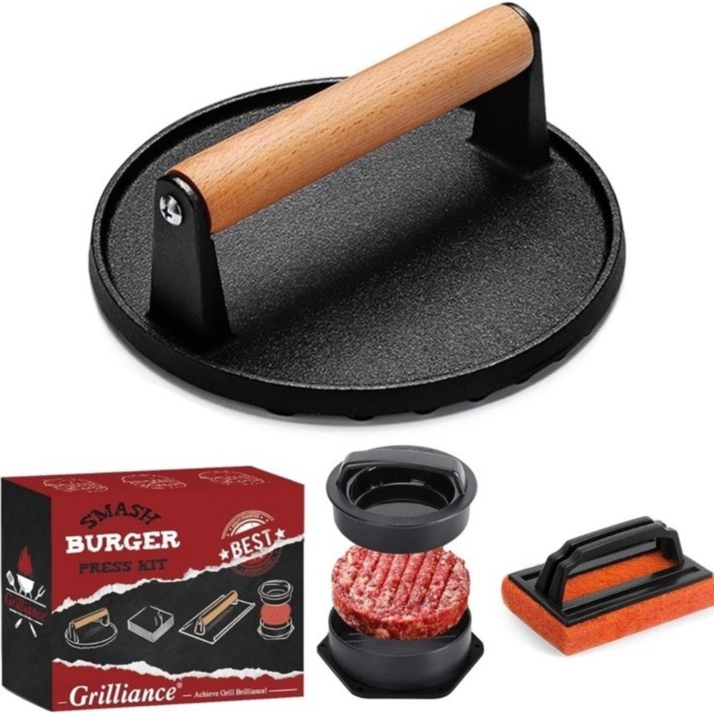Grilliance 3 in 1 Smash Burger Press Kit Cast Iron Patty Maker 5PCS Black